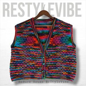HANDMADE Women’s Size M/L Vest Crochet Knit Colorful V-Neck Button Front Vintage